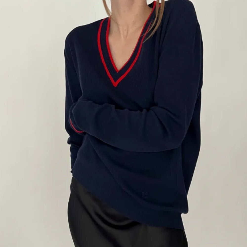 Vintage Pure Wool Womens V Neck Long Sleeve Rib Knit Sweater Navy Burgundy Oswal